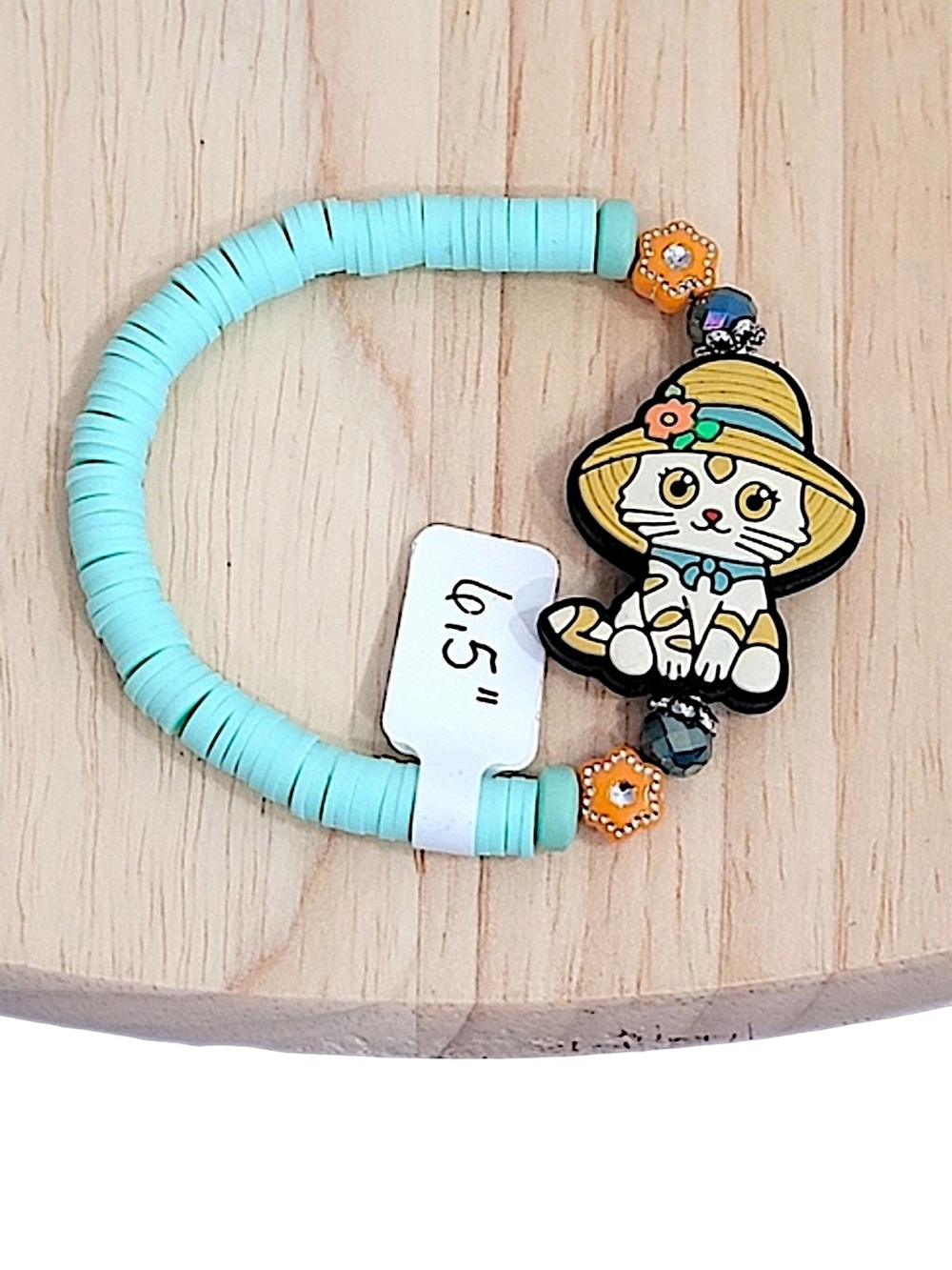 Hand Crafted Cat Bracelet Stretch Teal Polymer Clay Beaded Size 6.5"